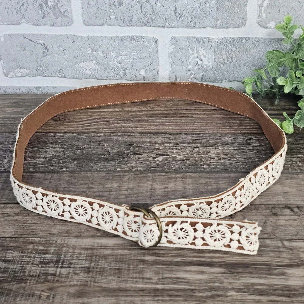 Girls Size 16 Boho Lace Crochet Belt Cream Brown‎ D Ring Buckle Cottagecore